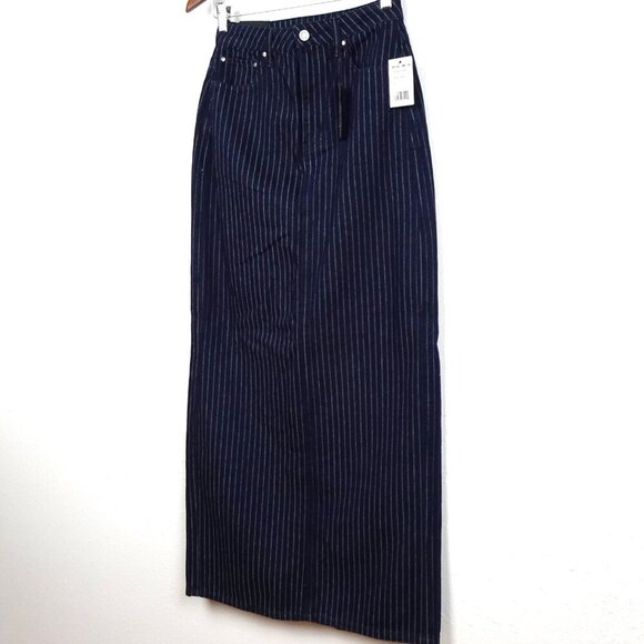 AFRM Denim Maxi Skirt Women's Size 25 Blue Pinstripe Long Back Slit - Picture 3 of 12